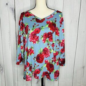 PIONEER WOMAN Tunic Top Shirt Knit Floral Sz XXL 3/4 Sleeve V-Neck